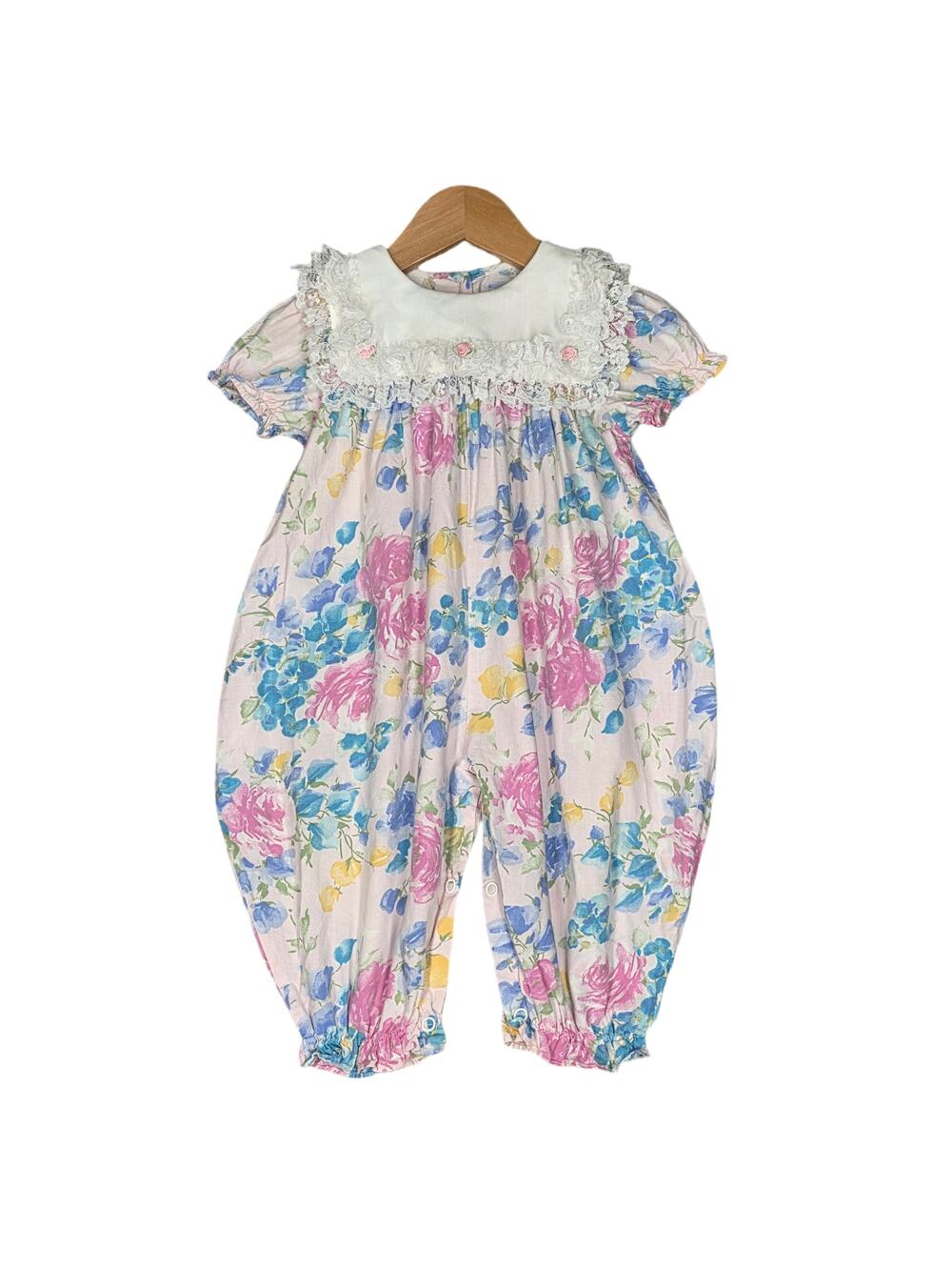 VINTAGE JO LENE PINK / FLORAL BABY ROMPER – FLORAL PUFF‑SLEEVE – 12M (9–12 MO)